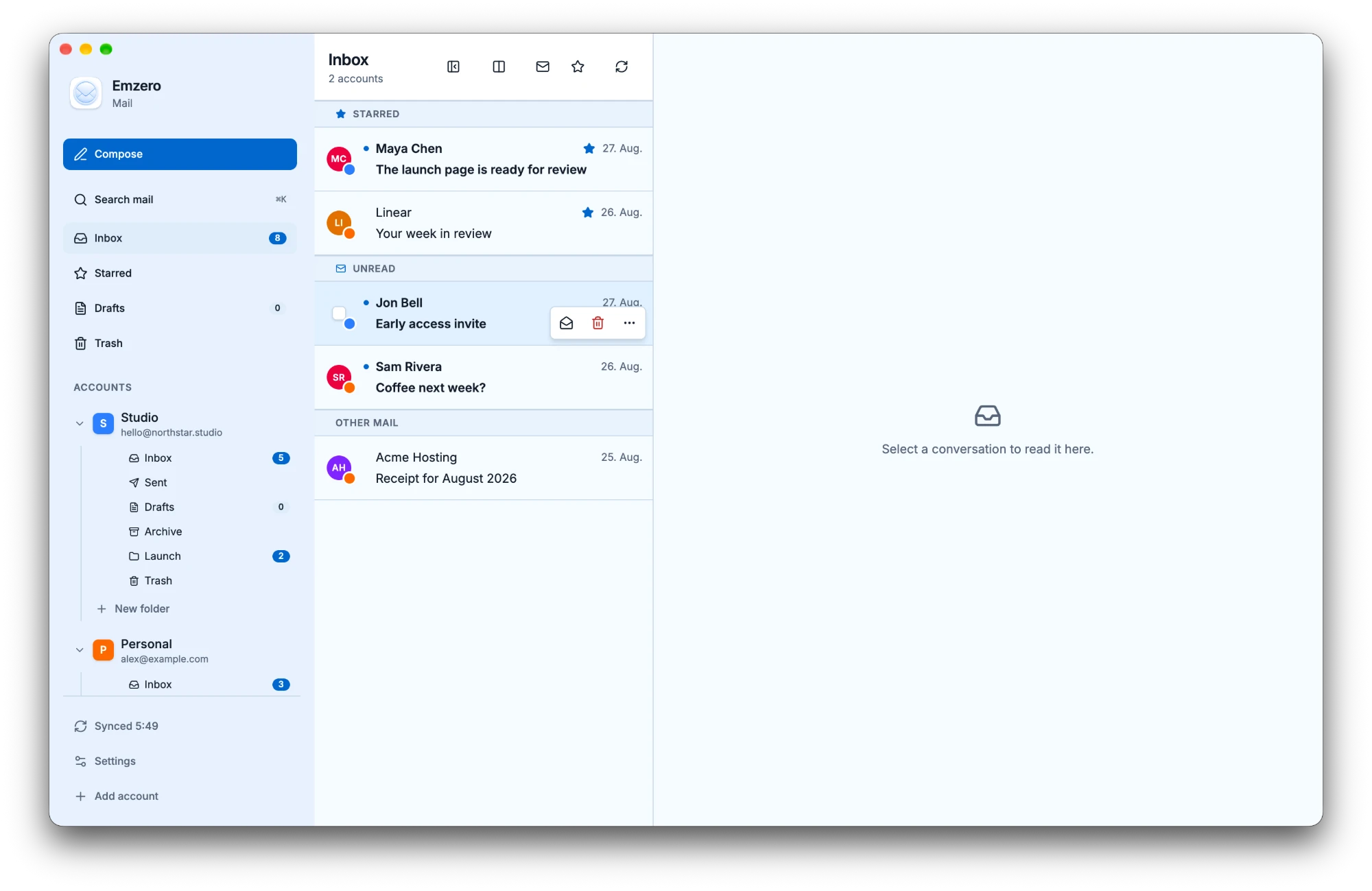 Emzero unified inbox showing messages from two email accounts.