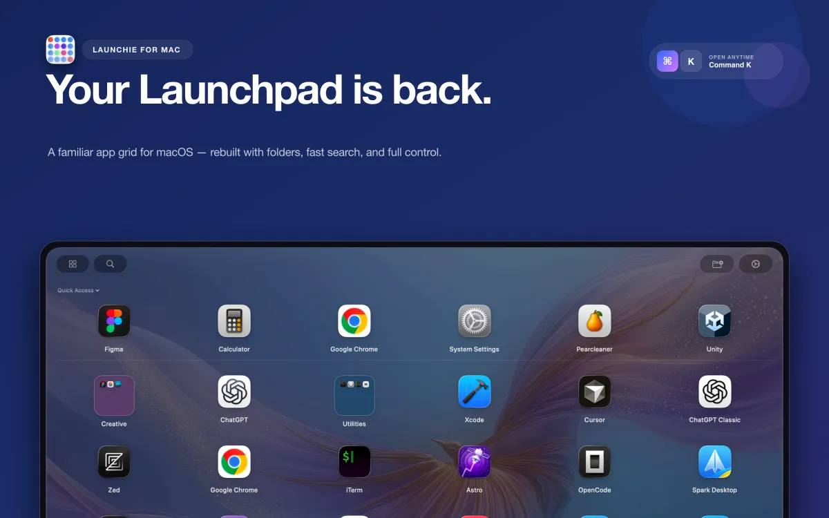 Launchie showing a full-screen grid of Mac apps and folders.