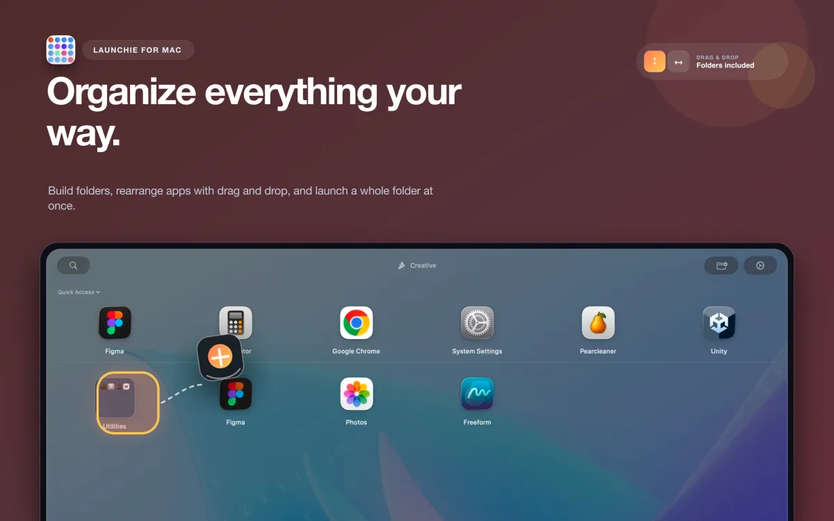 An app being dragged into a folder in Launchie.