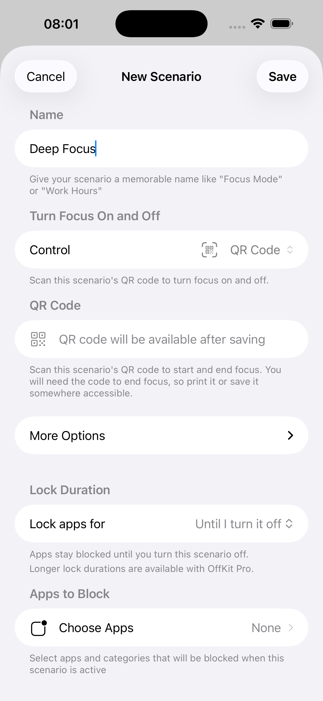 OffKit setup screen for unlocking apps with a physical QR code.