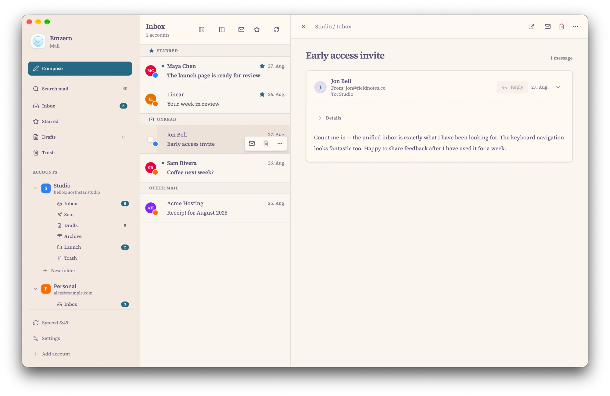 Emzero conversation reader in the Rosé Pine Dawn theme.
