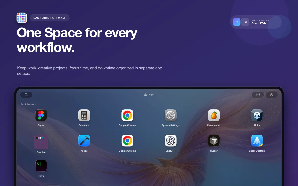 Launchie showing a separate Space for a work app collection.