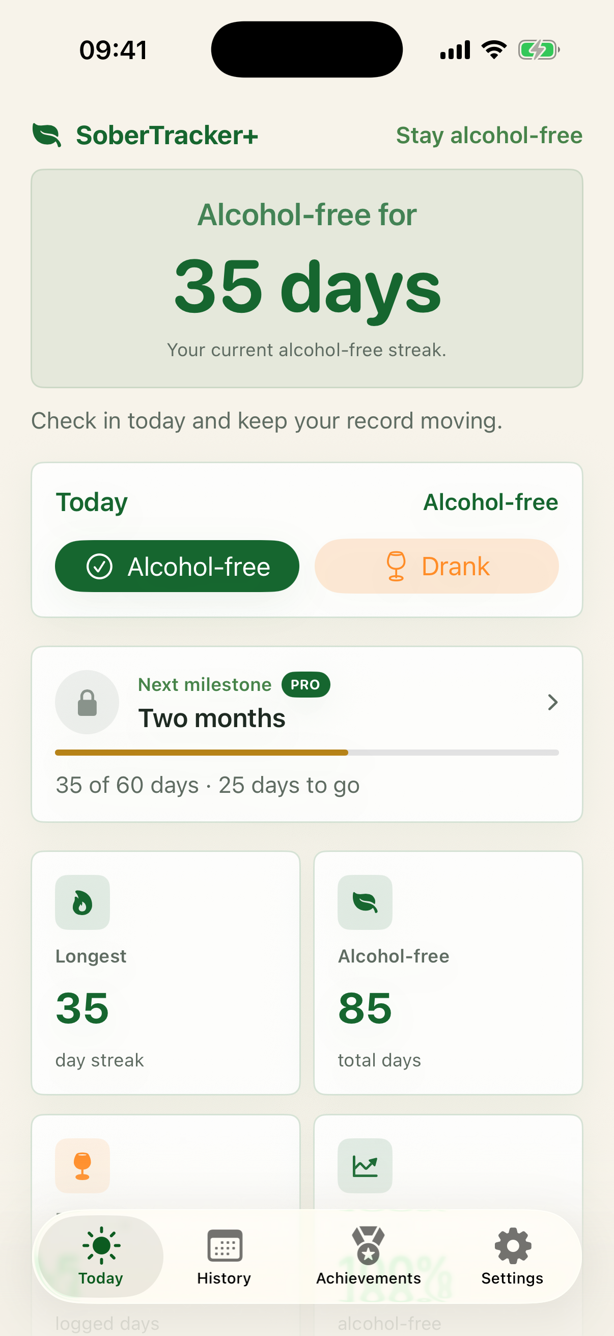 Sobertracker Plus today screen with a daily check-in and streak progress.